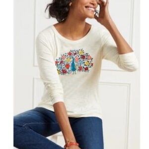 Talbots Peacock Bird Top Womens Plus Size 3X Cream Embroidered Long Sleeve